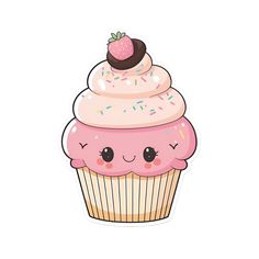 a pink cupcake with sprinkles and a strawberry on top is shown