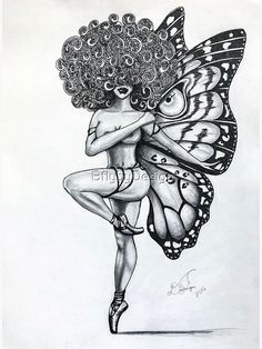 a black and white drawing of a woman with curly hair holding a butterfly on her back