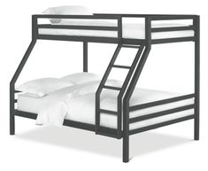 a bunk bed with two sets of white pillows