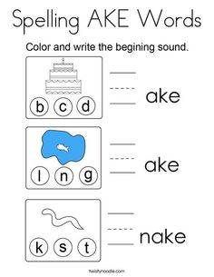 worksheet for beginning and ending sounds with the words spelling ake words, color and write the beginning sound