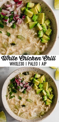 two bowls of white chicken chili with avocado, cilantro and red onion