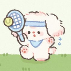 a drawing of a dog holding a tennis racket