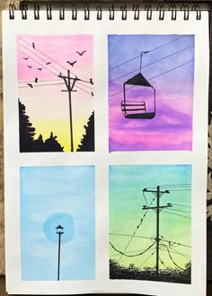 four different colored pictures on top of a spiral notebook with wires and telephone poles in the background