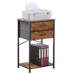 a desk with a printer on top of it