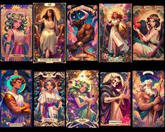 six tarot cards with the four mains in each card, all different colors and sizes