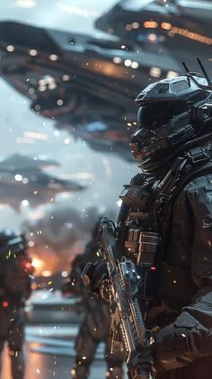 some sci - fi soldiers are standing in front of fighter jets