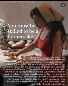 a woman in a red top is making bread on a table with words above her