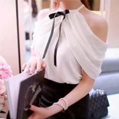 Classy Off Shoulder Cream Chiffon Blouse With Black Bow On The Neck And Wide Ruched Sleeves. New Without Tags. Bowknot Blouse, Couture Dior, Chiffon Tops Blouses, Chiffon Blouses, Women White Blouse, Moda Vintage, Maxi Skirts, Elegant Shirt, Chiffon Blouse