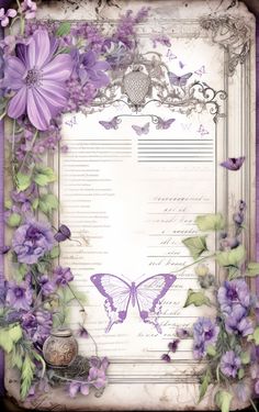 an old fashioned frame with purple flowers and butterflies on it, as well as a letter