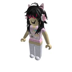 an animated doll with black hair and pink eyes