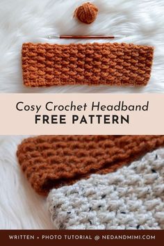 two crocheted headbands with text overlay that reads, cozy crochet headband free pattern