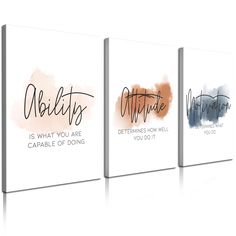 three canvases with different types of lettering on them