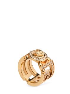 Gold-colored metal. Crystal detail. Logo detail. Nickel free Versace Ring, Versace Gold, Ski Accessories, Ring Watch, Crystal Ring, Gold Crystal, Flat Espadrilles, Crystal Rings, Bracelets And Charms