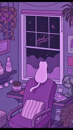 a cat is sitting in a chair looking out the window at the moon and stars