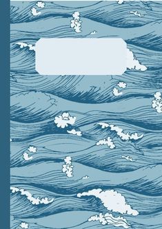 a blue and white book cover with clouds in the sky above water, on a light blue background