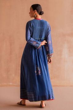 Buy Blue 40gm Chanderi Hand Block Printed Polka Dot V Rasika Anarkali For Women by Swatti Kapoor Online at Aza Fashions. Chanderi Anarkali, Printed Embroidery, A Line Kurta, Beaded Neckline, Indian Aesthetic, Fashion App, Todays Outfit, Full Sleeves, Bead Embroidery