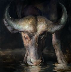 a painting of a bull with large horns drinking water from a pond in the dark