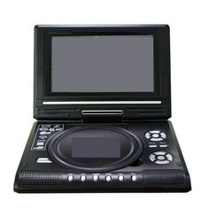 an electronic device with a cd player in the front and screen on it's side