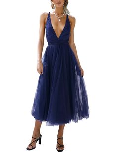 Navy Blue Criss Cross V Neck Mesh Lined Party Dress Summer V-neck Evening Dress For Dinner, Blue V-neck Maxi Dress For Party, Blue Maxi Dress For Party During Prom Season, Blue Evening Midi Dress For Prom Season, Blue Summer Party Dress, Royal Blue Prom Dress For Summer, Royal Blue Summer Prom Dress, Blue Backless Midi Dress For Night Out, Blue Midi-length Evening Dress For Prom