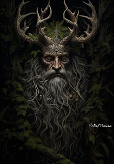 an image of a man with long hair and deer antlers on it's head