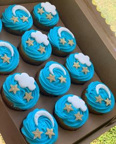 twelve cupcakes with blue frosting and gold stars in a box on the grass