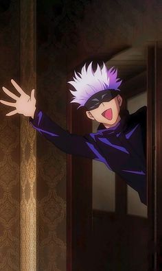 an anime character with purple hair is in the air and has his arms outstretched out