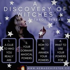 a woman holding a candle in her hand with the words discovery of witches tarot spread below