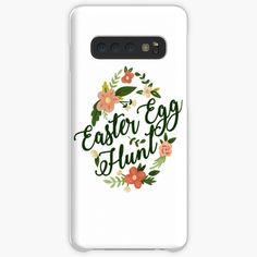 an easter egg hunt phone case with flowers and leaves on the front, in white