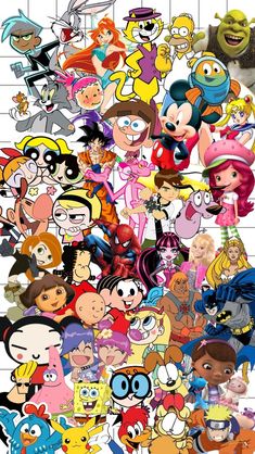 many cartoon characters are grouped together in this collage, with the same character on each side