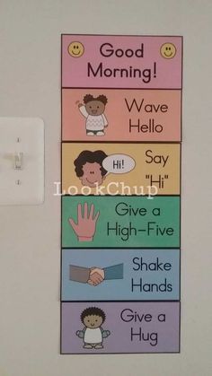 a bulletin board with five different words on it and a light switch in the background