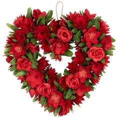 a heart shaped wreath with red flowers and green leaves