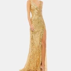 Mac Duggal Hand Embellished Mesh Overlay; 100% Polyester Lining Fully Lined Through Body V-Neckline Sleeveless Thigh-High Front Slit Concealed Back Zipper Approx. 62.5" From Top Of Shoulder To Bottom Hem Available In Deep Green And Gold Style #5473 Gilded Aesthetic, New Orleans House, Gold Formal Dress, Senior Szn, Designer Formal Dresses, Beaded Formal Dress, Gown Gold, Aesthetic Old Money, Matric Dance