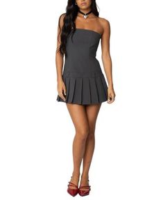 Edikted Pleated Drop Waist Mini Dress Coquette Clothing, Drop Waist Dress, Short Models, Pleated Mini Dress, Waist Dress, Drop Waist, Fitted Bodice, Pleated Skirt, Dark Gray