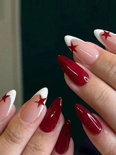 Every Day Nails Ideas, Cool Colored Nails, Red Cool Nails, Red Almond Shaped Nails Design, Red Almond Nail Ideas, Cute French Tip Nails Designs Almond, Red Nails Acrylic Almond Design, Star Nail Art Designs, Red Nails With Nail Art