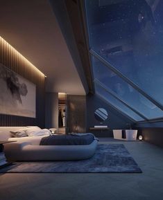 a large bed sitting in the middle of a bedroom next to a window with stars on it