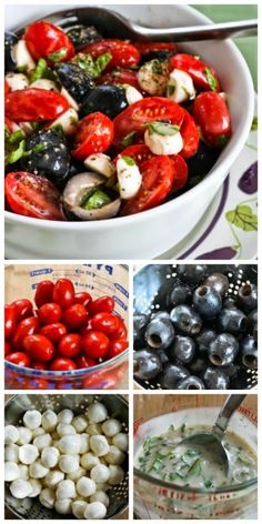 several pictures of different types of food including tomatoes, olives and mushrooms