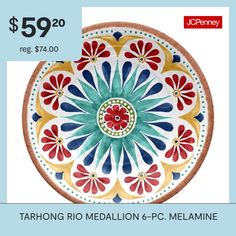 a colorful plate with the words tarong rio medallion 6 - pc melonne $ 59