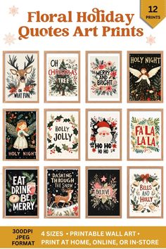 christmas cards with the words floral holiday quotes art prints