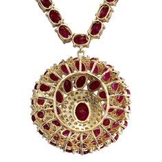 For Sale on 1stDibs - Stamped: 18K Yellow Gold Total Necklace Weight: 29.0 Grams Necklace Length: 17 Inches Necklace Width: N/A Gemstone Weight: Total Natural Center Ruby Weight Formal Round Diamond Necklace With Gemstones, Dazzling Round Diamond Necklace With Jewels, Dazzling Round Diamond Necklace, Exquisite Gold Oval Diamond Necklace, Luxury Oval Necklace With Prong Setting, Oval Jewelry With 17 Jewels For Evening, Luxury Oval Jeweled Necklaces, Luxury Jeweled Oval Necklaces, Exquisite Hallmarked Necklace