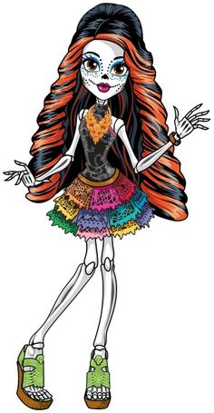 a drawing of a girl with long hair and skeleton makeup, wearing a colorful dress