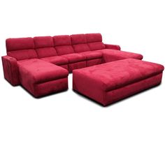 a red sectional couch with recliners and ottomans in the middle on a white background