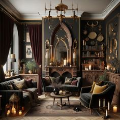 a living room filled with furniture and candles