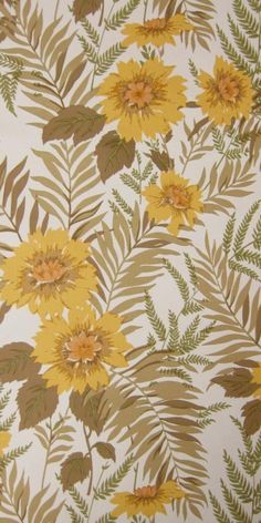 yellow flowers and green leaves are on a white wallpaper with brown trimmings