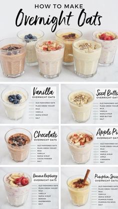 the ingredients for overnight oatmeal are shown in this recipe chart, which shows how to make overnight oats