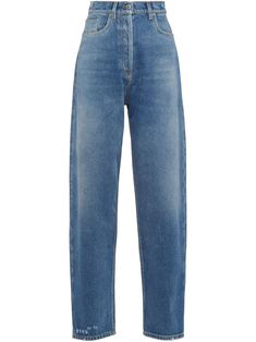 high waist straight-leg jeans from PRADA featuring blue, cotton, washed denim, distressed effect, high waist, straight leg and classic five pockets. | Prada High Waist Straight-Leg Jeans Versace Outfit, City Dress, Triangle Logo, Van Cleef Arpels, Summer Beach Wear, Jeans Boyfriend, Lady Dior