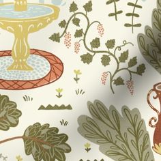 an image of a wallpaper pattern with flowers and trees in the background that has a fountain on it