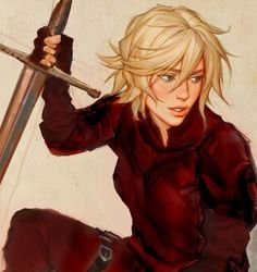 a woman with blonde hair and blue eyes holding two swords in one hand while sitting on the ground