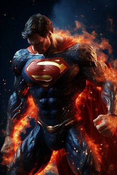 a man dressed as superman standing in front of fire and flames with his hands on his hips