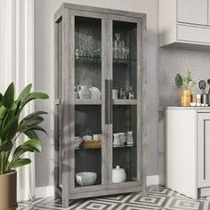 a glass door cabinet in a kitchen next to a potted plant