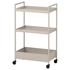 a white shelf with two shelves on wheels